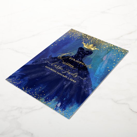 Quinceanera Aquamarin Navy Blue Watercolor Gown Folieneinladung (Gedreht)