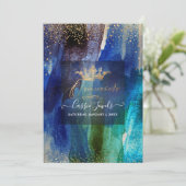 Quinceanera Aquamarin Navy Blue Watercolor Pinsels Einladung (Stehend Vorderseite)