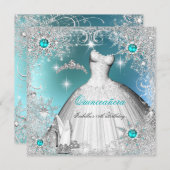 Quinceanera Aquamarin Pearl Silver Winter Schneefl Einladung (Vorne/Hinten)