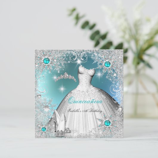 Quinceanera Aquamarin Pearl Silver Winter Schneefl Einladung (Stehend Vorderseite)