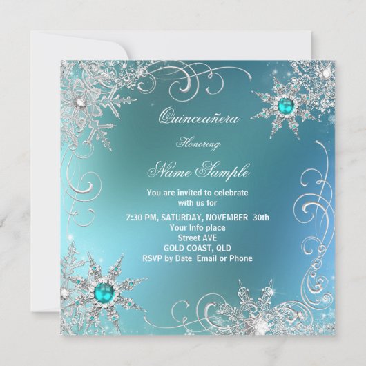 Quinceanera Aquamarin Pearl Silver Winter Schneefl Einladung (Rückseite)