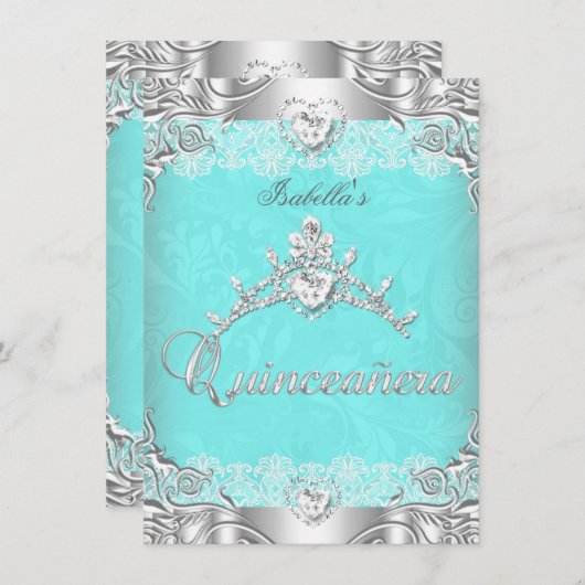Quinceanera Aquamarin Silver Diamond Tiara 15. Par Einladung (Vorne/Hinten)