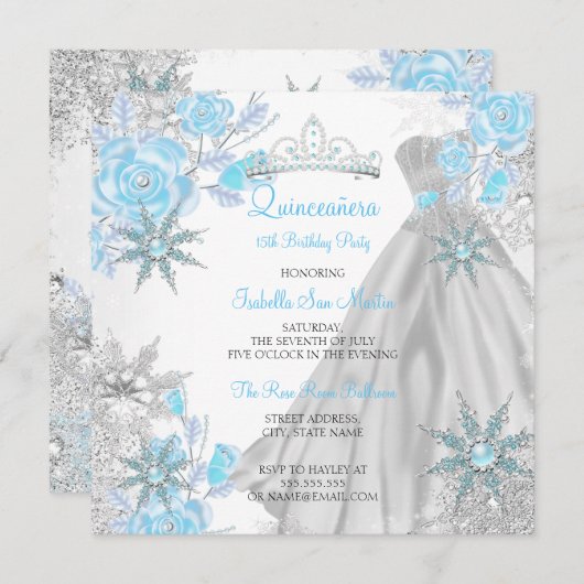 Quinceanera Aquamarine Rose Winter Wonderland Schn Einladung (Vorne/Hinten)