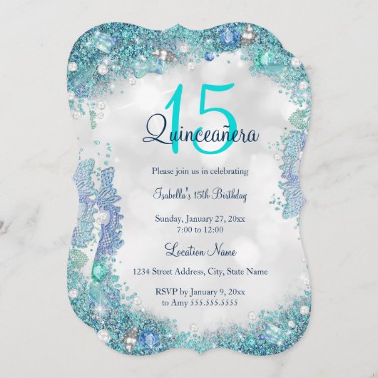Quinceanera Aquamariner Blauer Ozean Himmel Geburt Einladung (Vorne/Hinten)