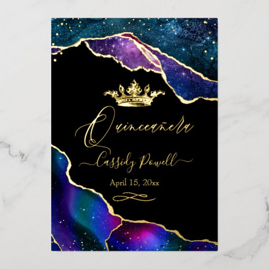 Quinceanera, Aquarellfarben Galaxie Agate 3 Farben Folieneinladung (Vorderseite)