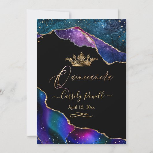 Quinceanera, Aquarellfarben Galaxy Agate Imitats G Einladung (Vorderseite)