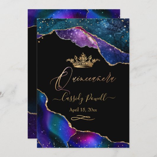 Quinceanera, Aquarellfarben Galaxy Agate Imitats G Einladung (Vorne/Hinten)
