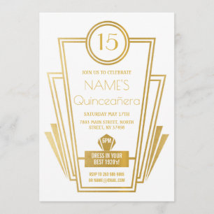 Quinceanera Art Deco Gatsby Gold Einladung 15.