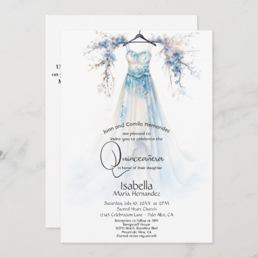 Quinceañera | Atemberaubend Blauer Blumenguss Einladung (Vorne/Hinten)