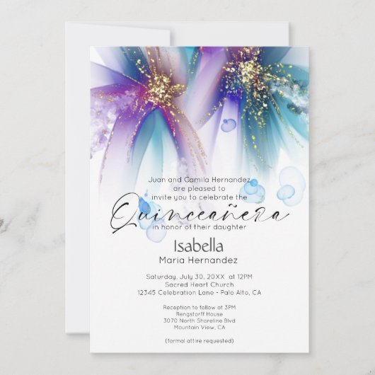 Quinceanera | Auffallend Aquamarin Lila Abstrakt Einladung (Vorderseite)