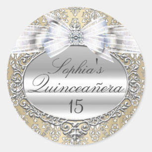 Quinceanera-Aufkleber 'Cream & Silver Bow' Runder Aufkleber