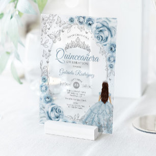 Quinceanera Baby Blau Silber Blumen Acryleinladungen