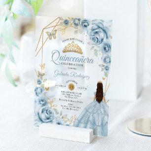 Quinceanera Baby Blue Dress Floral Gold Acryleinladungen