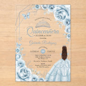 Quinceanera Baby Blue Dress Floral Silver Acryleinladungen (Vorderseite)