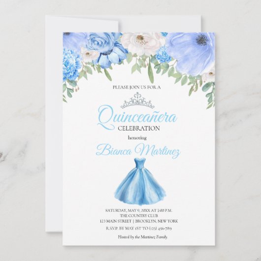 Quinceanera Baby Blue Dress Mis Quince Einladung (Vorderseite)