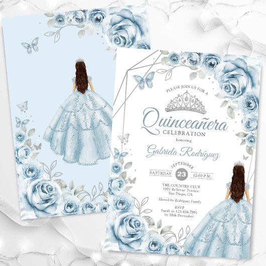 Quinceanera Baby Blue Dress Silver Floral Einladung