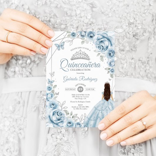 Quinceanera Baby Blue Dress Silver Floral Einladung