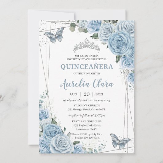 Quinceañera Baby Blue Floral Butterflies 16. Einladung (Vorderseite)