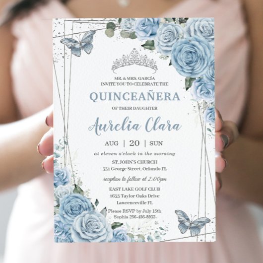 Quinceañera Baby Blue Floral Butterflies 16. Einladung