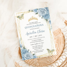 Quinceañera Baby Blue Floral Gold Schmetterlinge 1