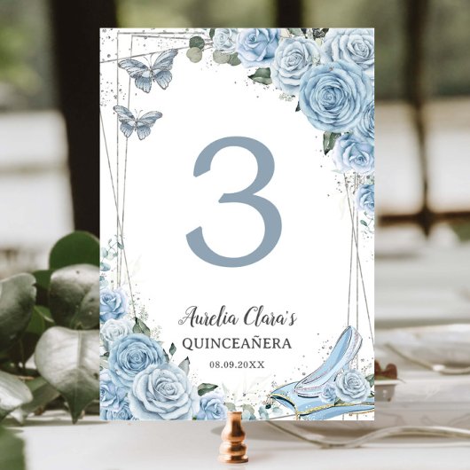 Quinceañera Baby Blue Floral Princess Cinderella Tischnummer