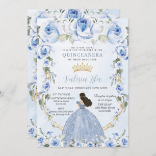 Quinceañera Baby Blue Floral Princess Dress Gold Einladung