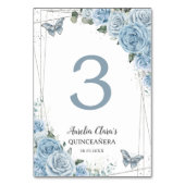 Quinceañera Baby Blue Floral Silberschmetterlinge Tischnummer (Rückseite)