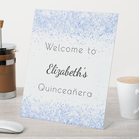 Quinceanera Baby Blue Glitzer Staub willkommen Sockelschild (In Situ)