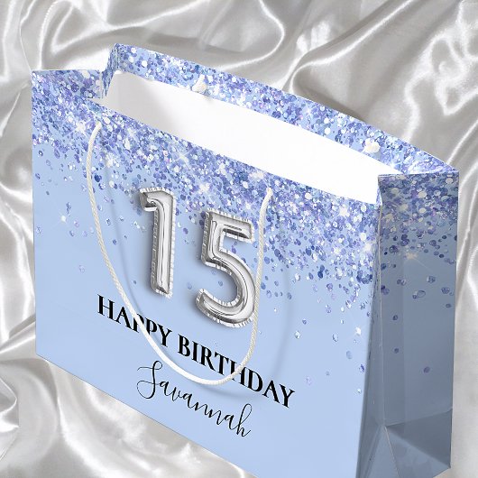 Quinceanera Baby Blue Glitzern name Große Geschenktüte