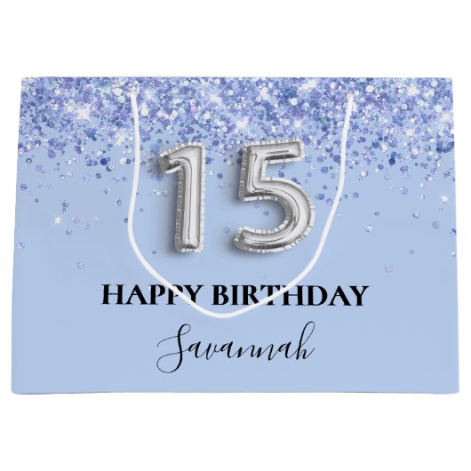 Quinceanera Baby Blue Glitzern name Große Geschenktüte (Vorderseite)
