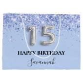 Quinceanera Baby Blue Glitzern name Große Geschenktüte (Rückseite)