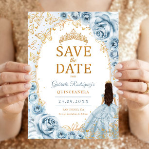 Quinceanera Baby Blue Gold Blumen Save The Date