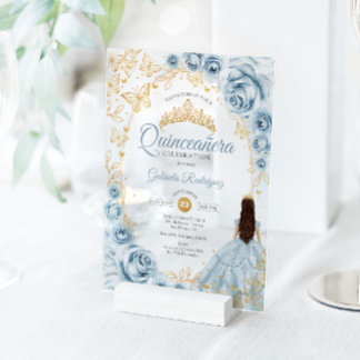 Quinceanera Baby Blue Gold Floral Acryleinladungen