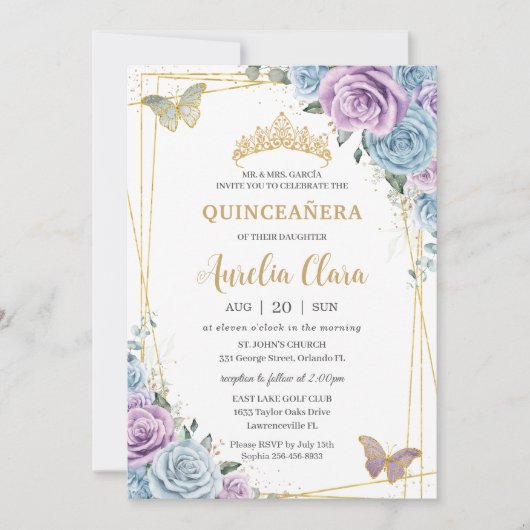 Quinceanera Baby Blue Lila Lilac Floral Einladung (Vorderseite)