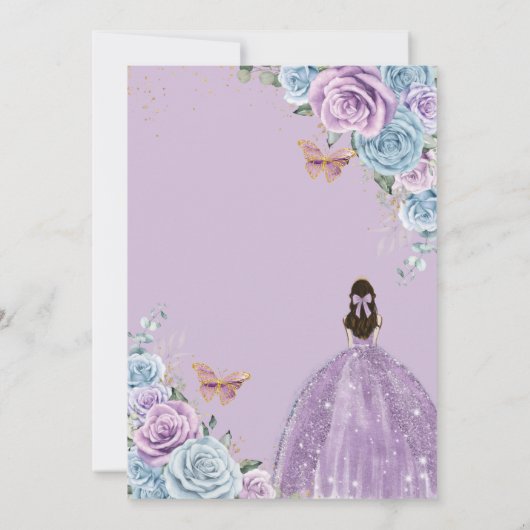 Quinceañera Baby Blue Lila Lilac Floral Gold Einladung (Rückseite)