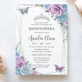 Quinceanera Baby Blue Lila Lilac Floral Silver Einladung