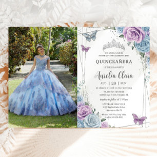 Quinceanera Baby Blue Lila Lilac Floral Silver Einladung