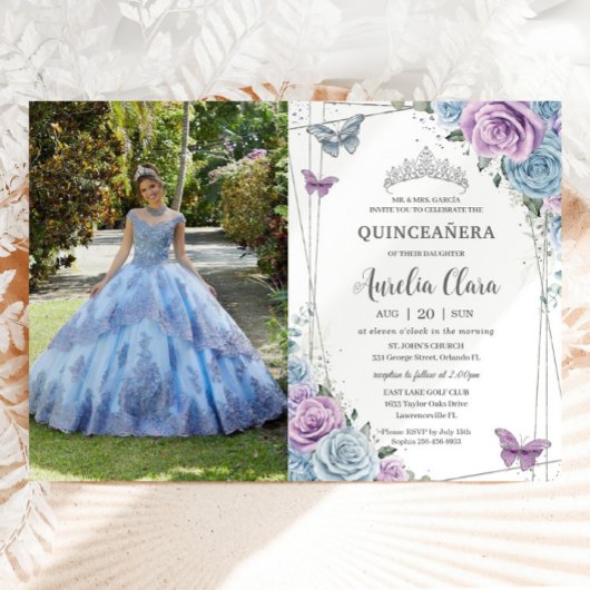 Quinceanera Baby Blue Lila Lilac Floral Silver Einladung