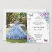 Quinceanera Baby Blue Lila Lilac Floral Silver Einladung (Vorderseite)
