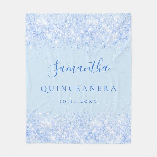 Quinceanera Baby Blue Name Datum Glitzer Staub Fleecedecke (Vorderseite)