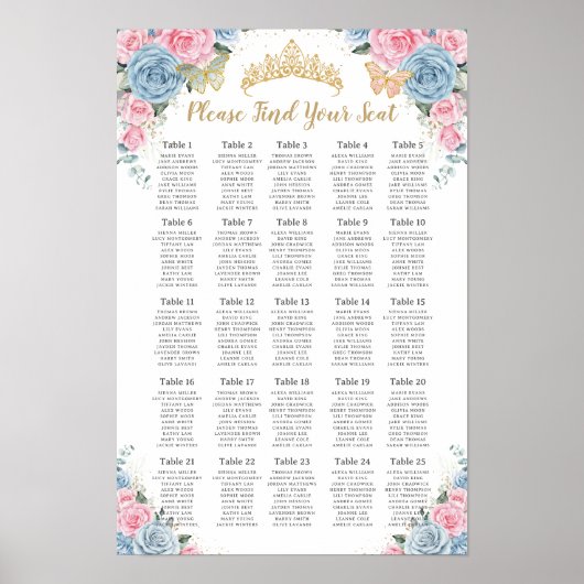 Quinceañera Baby Blue Pink Blütensitzplan Poster (Vorne)