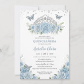 Quinceañera Baby Blue Rose Floral Silver Crown Einladung (Vorderseite)