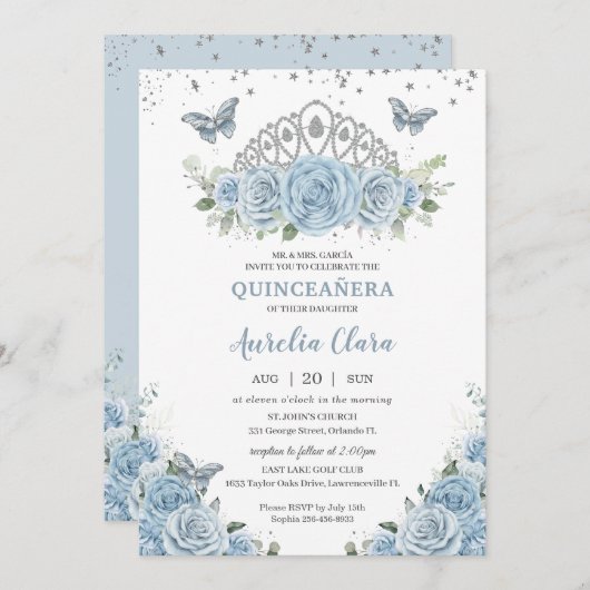 Quinceañera Baby Blue Rose Floral Silver Crown Einladung (Vorne/Hinten)