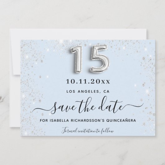 Quinceanera Baby Blue Silber Glitzer Party Save The Date (Vorderseite)