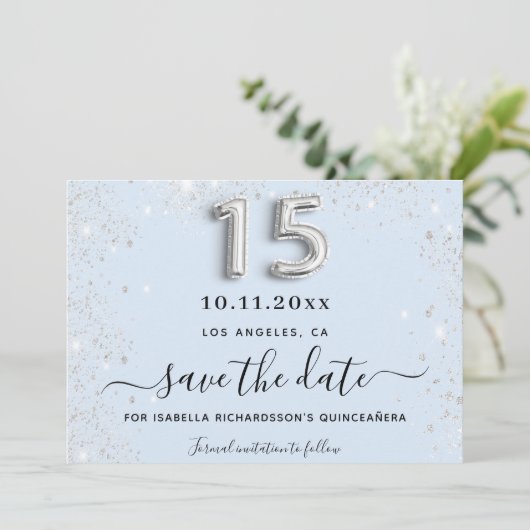 Quinceanera Baby Blue Silber Glitzer Party Save The Date (Stehend Vorderseite)