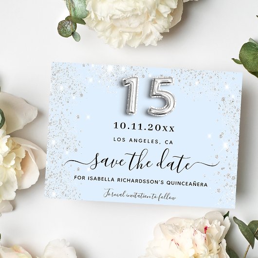 Quinceanera Baby Blue Silber Glitzer Party Save The Date