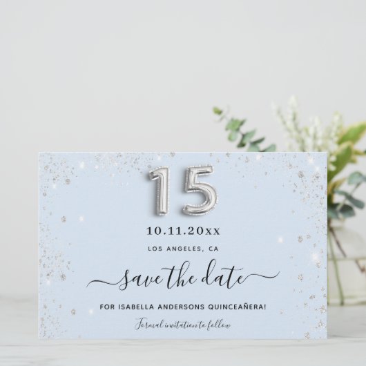 Quinceanera Baby Blue Silber Glitzer Save the Date (Stehend Vorderseite)