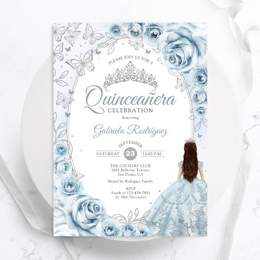 Quinceanera Baby Blue Silver Floral Einladung