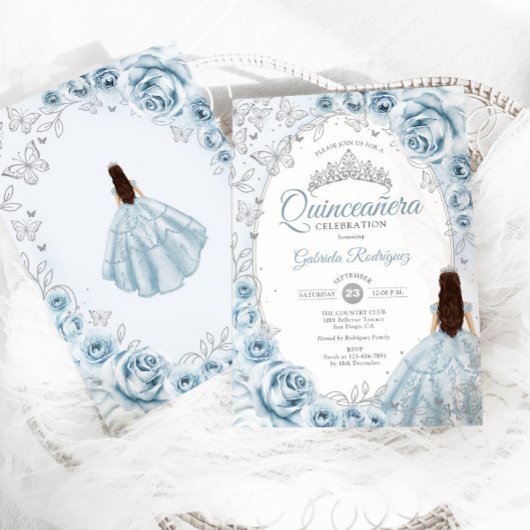 Quinceanera Baby Blue Silver Floral Einladung