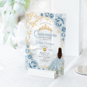 Quinceanera Babyblau Gold Blumen Acryleinladungen